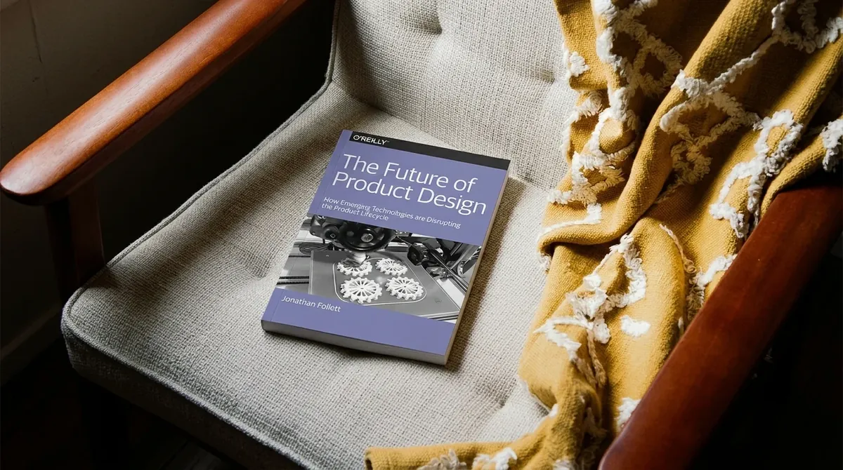 The Future of Product Design by Jonathan Follett, resting on an armchair
